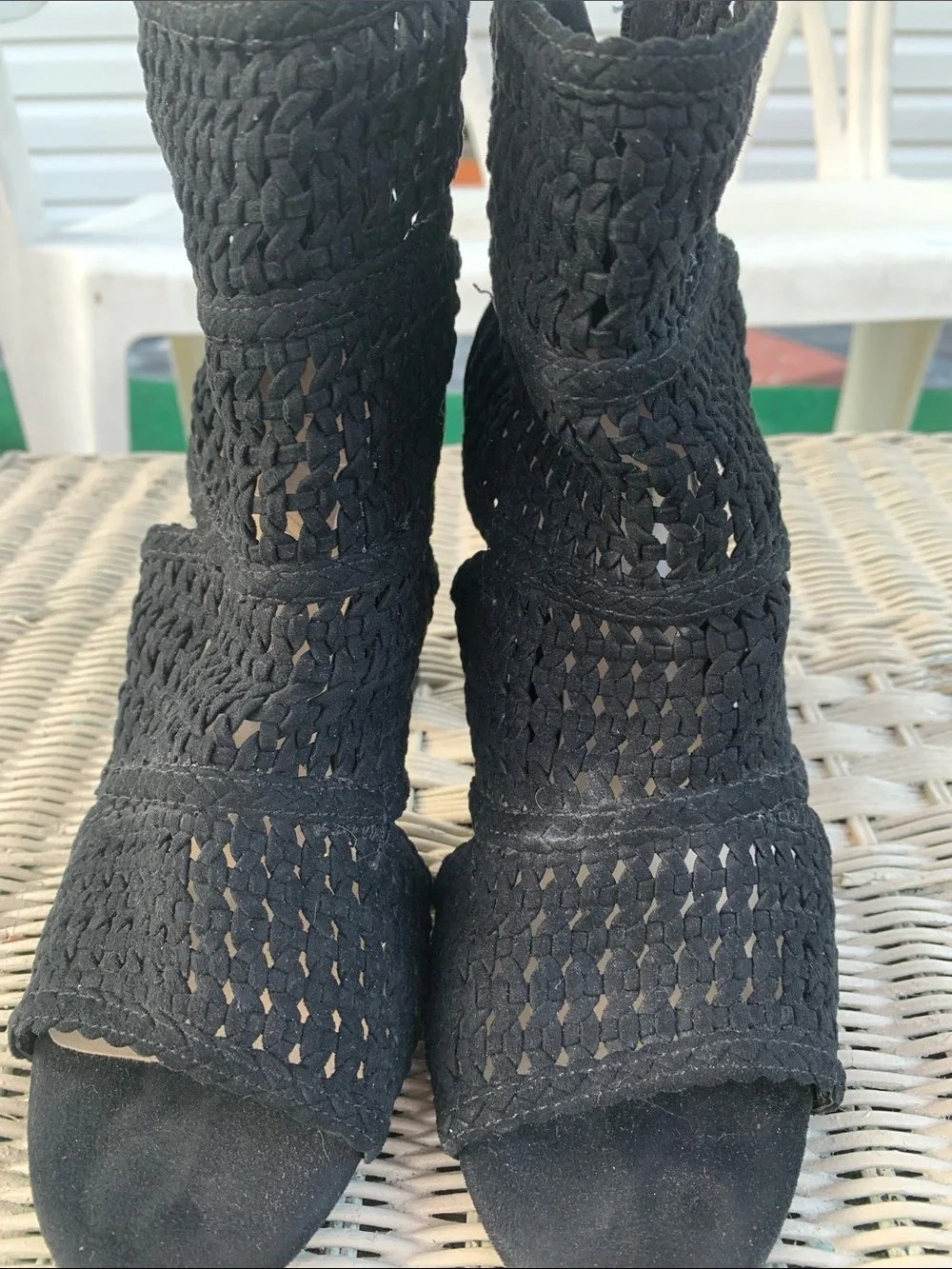 Fergie Black Crocheted Open-Toe Block Heel Booties